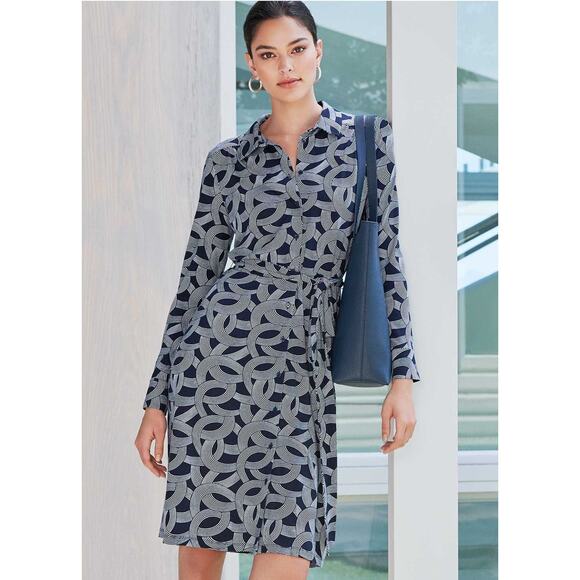 Hobbs London Sandrine Classic Shirtdress Size 6 Navy Geometric Office Workwear - Picture 1 of 14